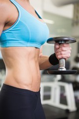 Mid section of fit woman exercising with dumbbell in gym