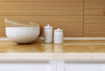 Kitchenware on the worktop.