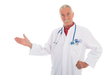 Physician presenting something on white background