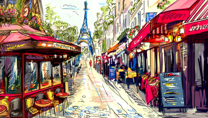 Street in paris - illustration - obrazy, fototapety, plakaty