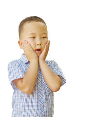 emotional Asian boy 6 years old, isolated on white background