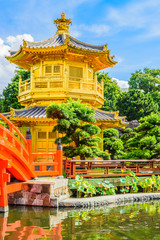 Gold Chinese pavilion at the park of Hong Kong