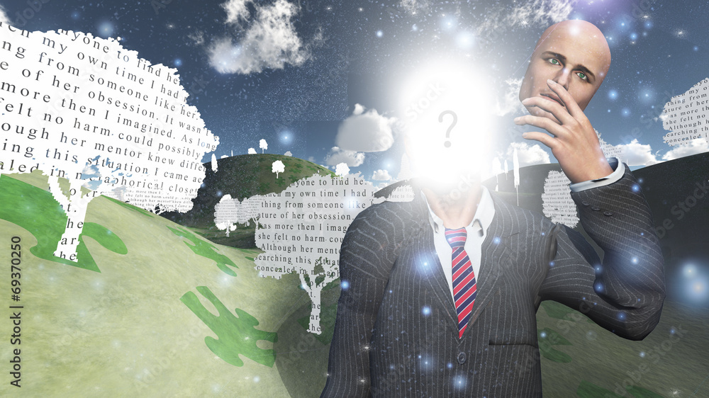 Poster man showing inner light in landscape with text paper trees