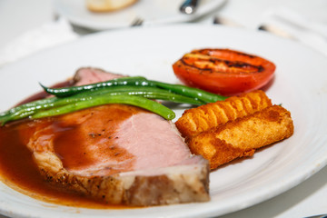 Prime Rib with Gravy Green Beans and Potato Puffs