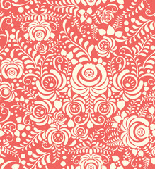 White and pink seamless pattern in Russian style gzhel