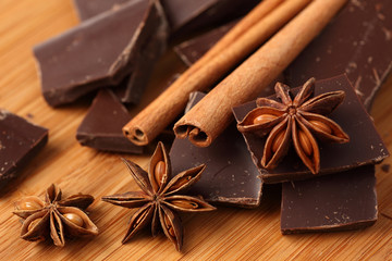 Chocolate, cinnamon sticks and star anise