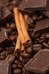 Cinnamon sticks, chocolate and coffee beans