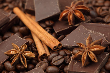 Chocolate,coffee beans and spices