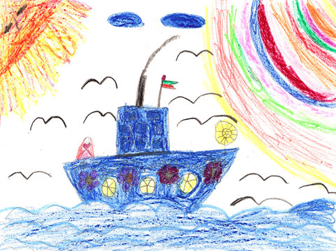 Childrens artwork ship in sea