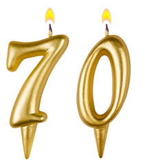 Birthday candles number seventy isolated on white background
