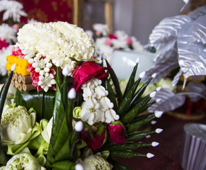 lotus, marigold and folded banana leaf ornament