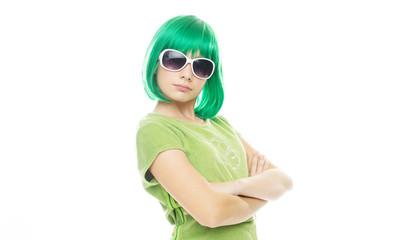 Girl with an attitude in a green wig