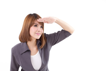 portrait of business woman looking up white isolated backgroud