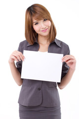 Fototapeta premium Business woman holding a banner, board, blank card