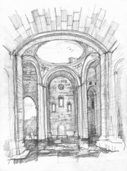 Interior of Cathedral, Ani, Turkey. Pencil sketch on paper.