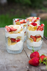 breakfast - cheese, strawberry, banana, cornflakes