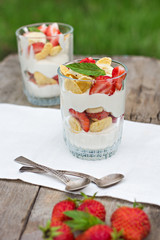 coffee and cheese, strawberry, banana, cornflakes in glass