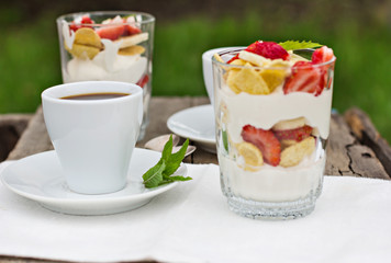 coffee and dessert with fruits