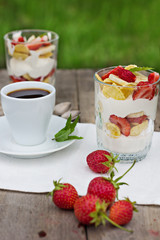 coffee and cheese, strawberry, banana, cornflakes in glass