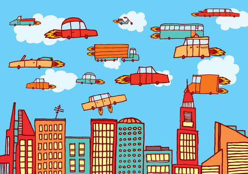 Future cars flying over the city