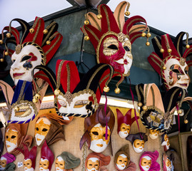 Various venetian masks on sale . colorful artistic masks on the