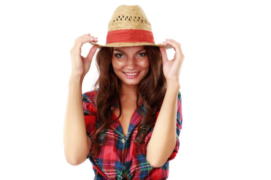 portrait of a beautiful woman cowgirl on white background