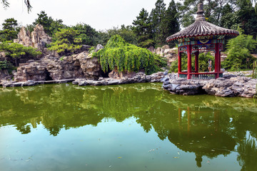 Red Pavilion Pond Temple of Sun City Park Beijing