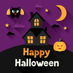 Happy halloween greeting card in flat design style.