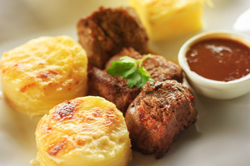 Delicious lunch with beef and potatoes