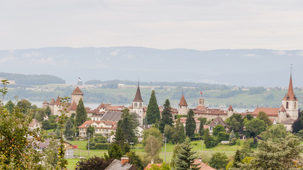 Murten, Altstadt, Landwirtschaft, See, Berge, Sommer, Schweiz