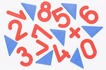 red numbers and blue triangles