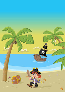 Cartoon pirate boy on a beautiful tropical beach