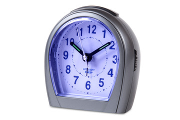 Modern alarm clock isolated en white background.