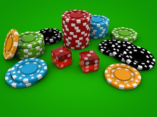 Poker chips with dice on green background