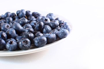 plate with blueberries close-up isolated on white background