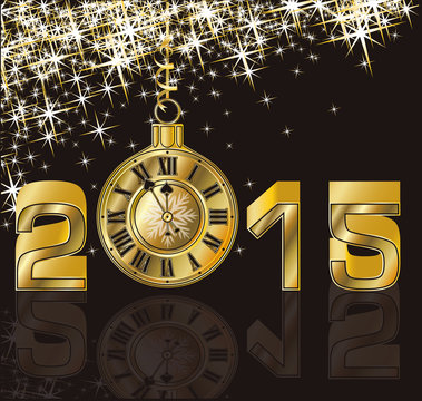 Happy New 2015 Year and golden clock, vector illustration