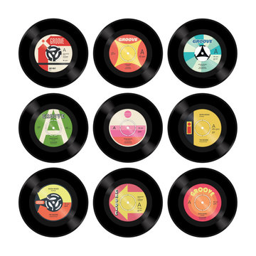 Nine colourful retro vector seven inch singles with labels