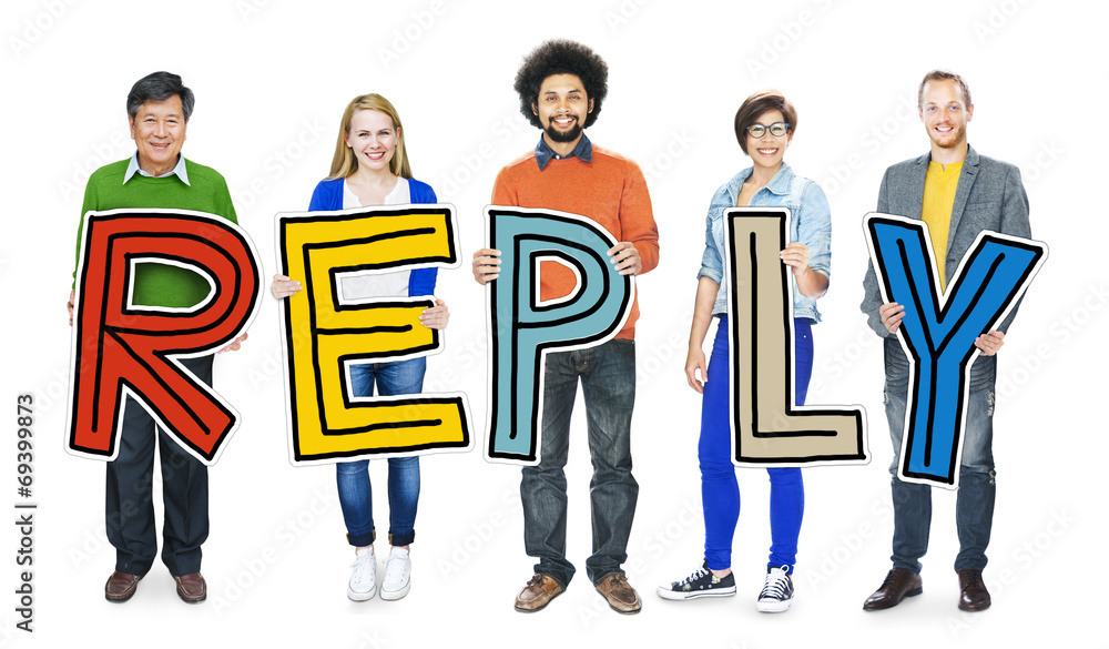 Sticker Multiethnic Group of People Holding Word Reply - Stickers