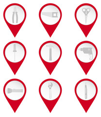 Map pin icons of tools