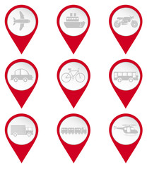 Map pin icons of transports