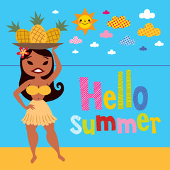 Hello summer pineapple hula girl on the beach
