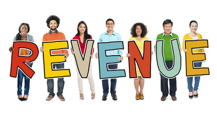 Obraz premium Diverse Group of People Holding Text Revenue