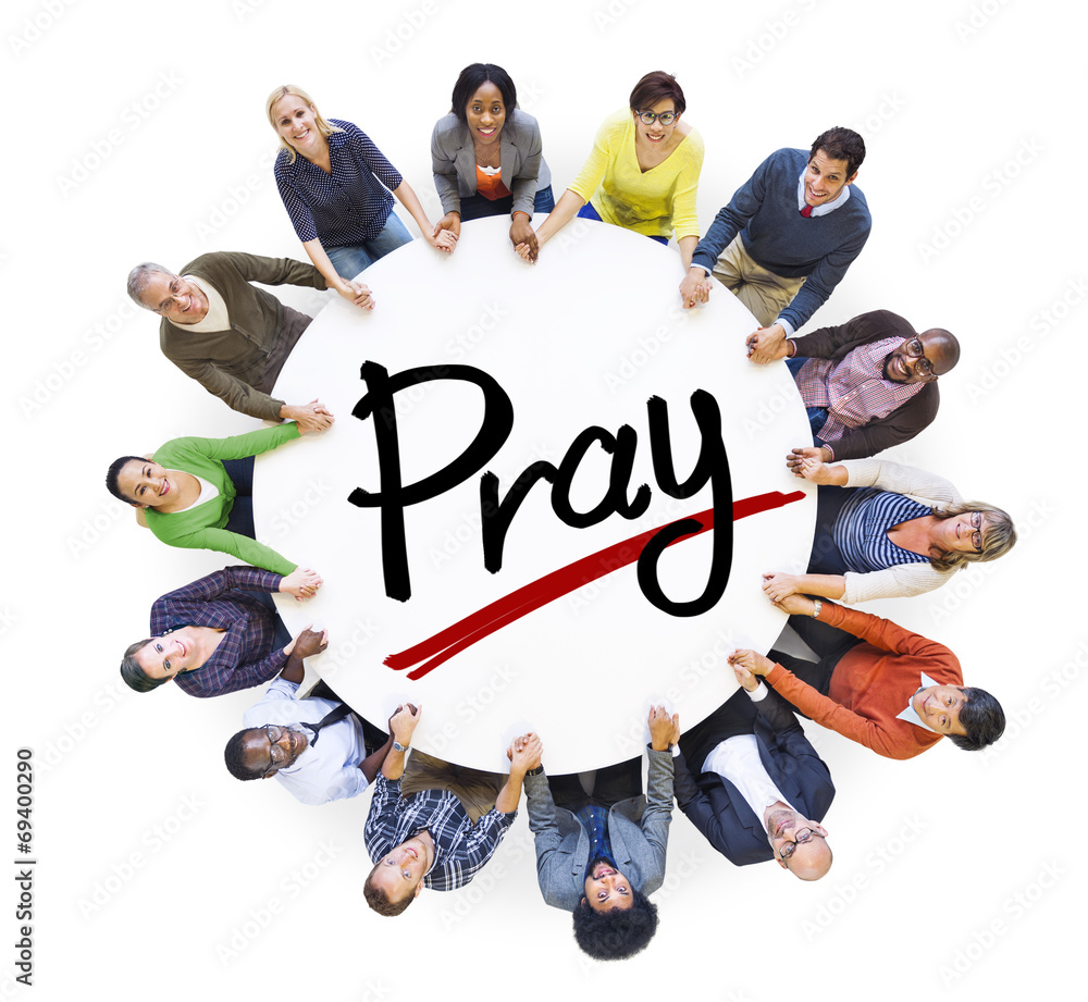 Sticker group of people holding hands around letter pray - Stickers
