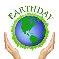 hands and globe on leaves and wording Earthday