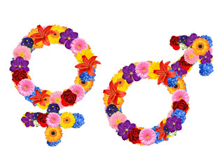 Male and female sex symbol from flowers isolated on white