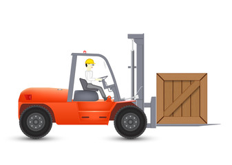 Forklift vector illustration isolated on white background. May called fork truck. Machine equipment or vehicle for warehouse, factory to lift up, raise and delivery. Include operator and crate.