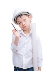 Little Asian  builder in helmet thinking. Isolated on a white ba