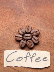 Coffee crop beans with text paper on wood texture