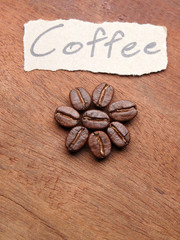 Coffee crop beans with text paper on wood texture