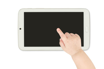 Baby hand pointing white tablet computer isolated on white backg